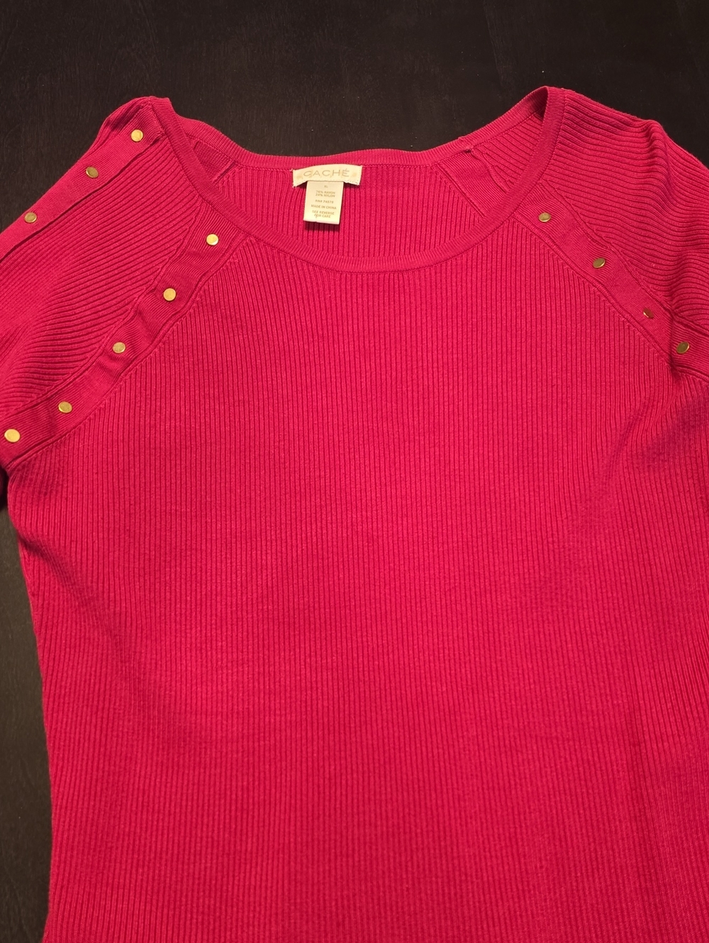 Cache Ribbed Short Sleeve Top with Gold Studs - Hot Pink